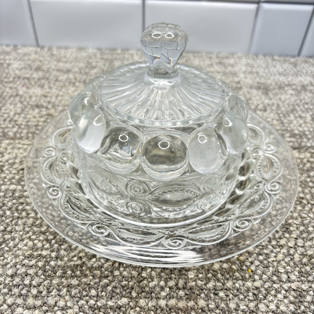 Hobnail Clear Crystal Butter Dish Eye Wink Pattern Domed Lid With Base Fancy